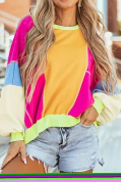 Fashion Dear-Lover Colorblock Patchwork Exposed Stitching Oversize Top Grapefruit Orange