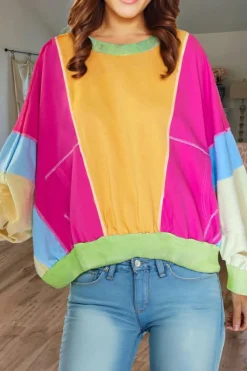 Fashion Dear-Lover Colorblock Patchwork Exposed Stitching Oversize Top Grapefruit Orange