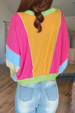 Fashion Dear-Lover Colorblock Patchwork Exposed Stitching Oversize Top Grapefruit Orange