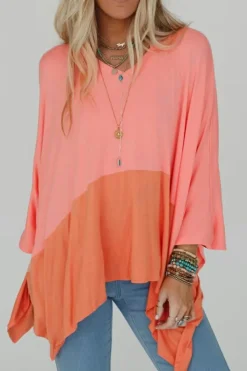 Outlet Dear-Lover Contrast Color Patchwork Oversized Side Split Top Grapefruit Orange