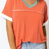 Clearance Dear-Lover Contrast Trim Exposed Seam V Neck T-shirt Grapefruit Orange