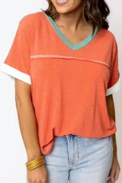 Clearance Dear-Lover Contrast Trim Exposed Seam V Neck T-shirt Grapefruit Orange