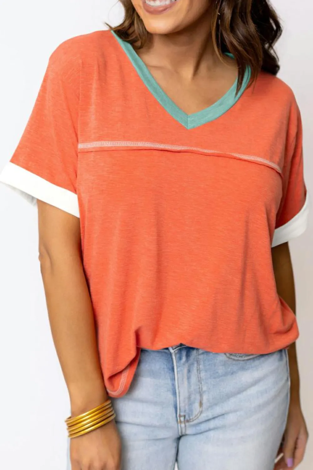 Clearance Dear-Lover Contrast Trim Exposed Seam V Neck T-shirt Grapefruit Orange