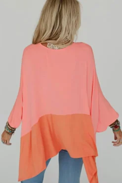 Outlet Dear-Lover Contrast Color Patchwork Oversized Side Split Top Grapefruit Orange