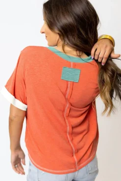 Clearance Dear-Lover Contrast Trim Exposed Seam V Neck T-shirt Grapefruit Orange
