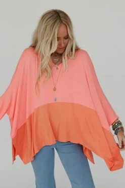 Outlet Dear-Lover Contrast Color Patchwork Oversized Side Split Top Grapefruit Orange