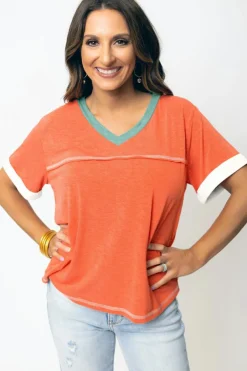 Clearance Dear-Lover Contrast Trim Exposed Seam V Neck T-shirt Grapefruit Orange