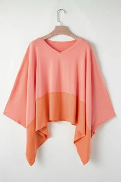 Outlet Dear-Lover Contrast Color Patchwork Oversized Side Split Top Grapefruit Orange
