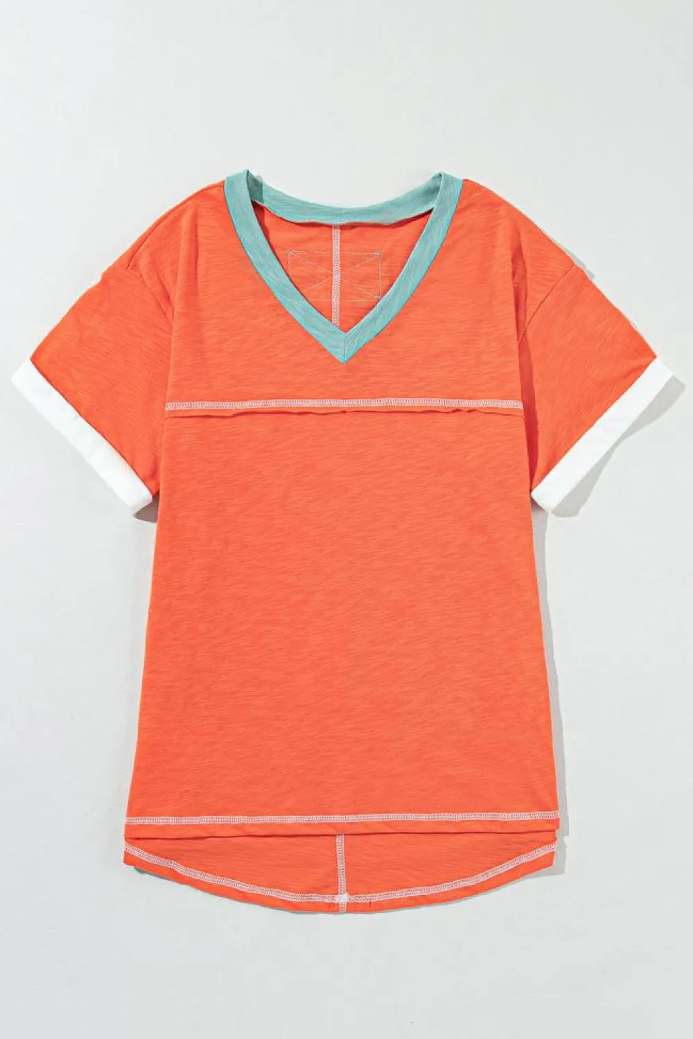 Clearance Dear-Lover Contrast Trim Exposed Seam V Neck T-shirt Grapefruit Orange