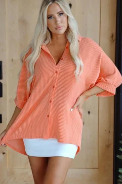 Online Dear-Lover Corded Half Sleeve Button Up High Low Hem Loose Shirt Grapefruit Orange
