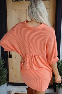 Online Dear-Lover Corded Half Sleeve Button Up High Low Hem Loose Shirt Grapefruit Orange