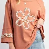 Fashion Dear-Lover Flower Patch Graphic Exposed Seam Wide Sleeve Top Grapefruit Orange