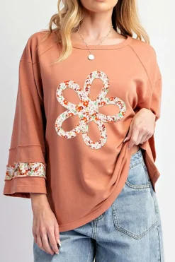 Fashion Dear-Lover Flower Patch Graphic Exposed Seam Wide Sleeve Top Grapefruit Orange