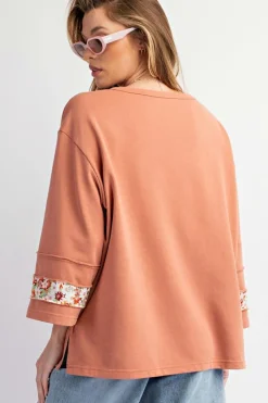 Fashion Dear-Lover Flower Patch Graphic Exposed Seam Wide Sleeve Top Grapefruit Orange