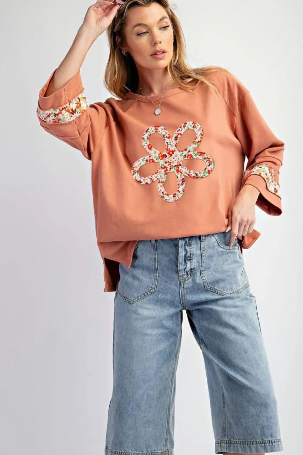 Fashion Dear-Lover Flower Patch Graphic Exposed Seam Wide Sleeve Top Grapefruit Orange