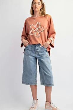 Fashion Dear-Lover Flower Patch Graphic Exposed Seam Wide Sleeve Top Grapefruit Orange