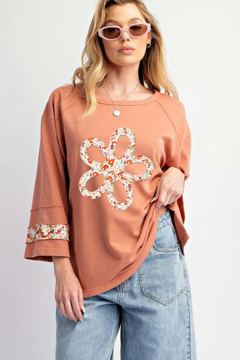Fashion Dear-Lover Flower Patch Graphic Exposed Seam Wide Sleeve Top Grapefruit Orange