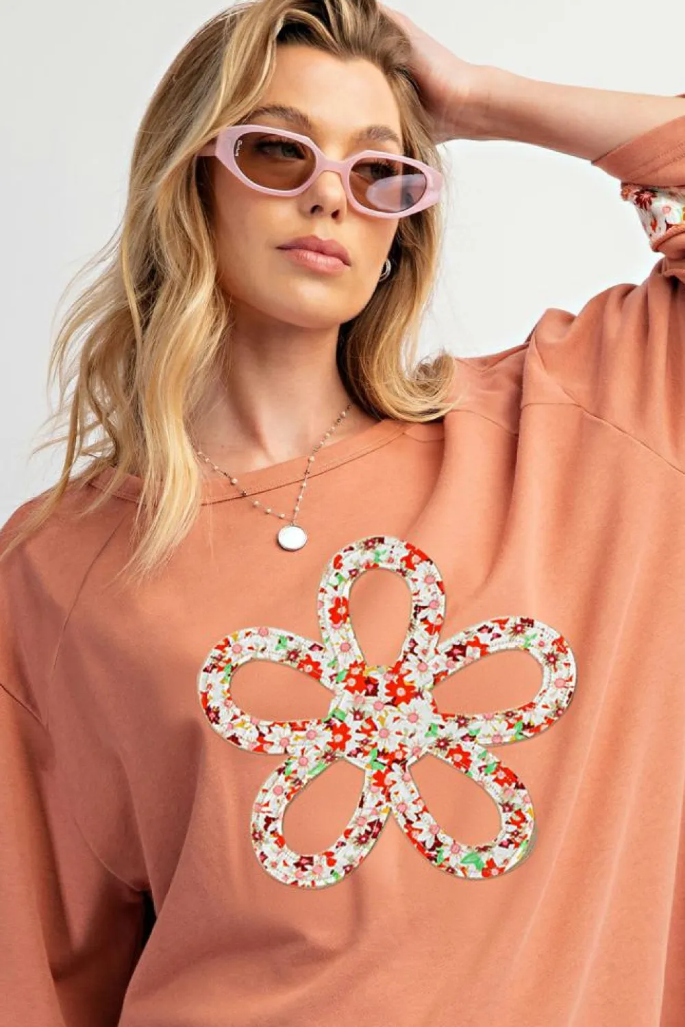 Fashion Dear-Lover Flower Patch Graphic Exposed Seam Wide Sleeve Top Grapefruit Orange