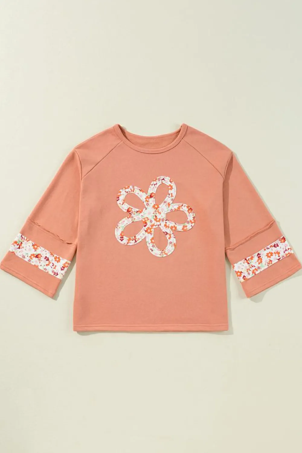 Fashion Dear-Lover Flower Patch Graphic Exposed Seam Wide Sleeve Top Grapefruit Orange