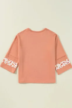Fashion Dear-Lover Flower Patch Graphic Exposed Seam Wide Sleeve Top Grapefruit Orange