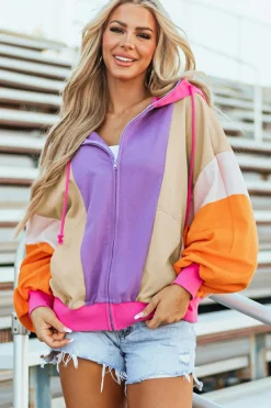 Online Dear-Lover Oversized Colorblock Patchwork Full Zipped Hoodie Grapefruit Orange