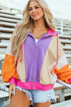 Online Dear-Lover Oversized Colorblock Patchwork Full Zipped Hoodie Grapefruit Orange