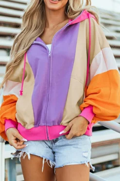 Online Dear-Lover Oversized Colorblock Patchwork Full Zipped Hoodie Grapefruit Orange