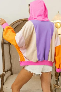 Online Dear-Lover Oversized Colorblock Patchwork Full Zipped Hoodie Grapefruit Orange