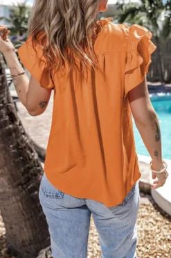 Fashion Dear-Lover Smocked Ruffle Sleeve Blouse Grapefruit Orange