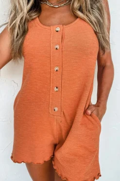 Sale Dear-Lover U Neck Button Front Sleeveless Romper Grapefruit Orange