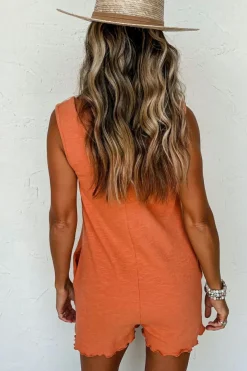 Sale Dear-Lover U Neck Button Front Sleeveless Romper Grapefruit Orange