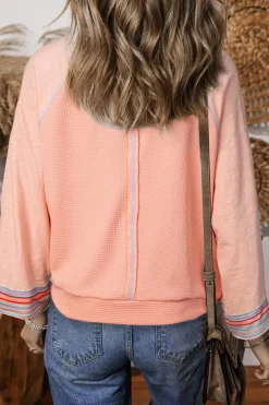 Clearance Dear-Lover Waffle Knit Wide Bracelet Sleeve Patchwork Raglan Top Grapefruit Orange