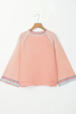 Clearance Dear-Lover Waffle Knit Wide Bracelet Sleeve Patchwork Raglan Top Grapefruit Orange