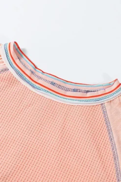 Clearance Dear-Lover Waffle Knit Wide Bracelet Sleeve Patchwork Raglan Top Grapefruit Orange