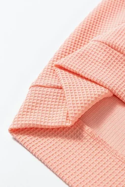 Clearance Dear-Lover Waffle Knit Wide Bracelet Sleeve Patchwork Raglan Top Grapefruit Orange