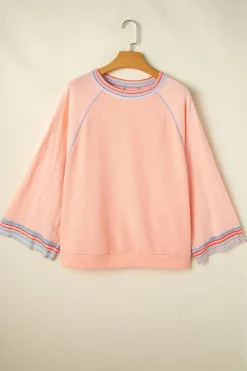 Clearance Dear-Lover Waffle Knit Wide Bracelet Sleeve Patchwork Raglan Top Grapefruit Orange