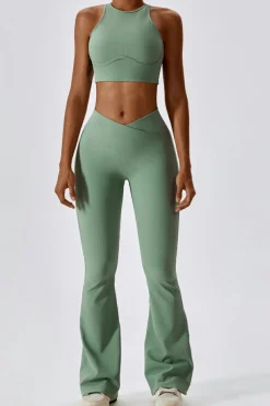 Clearance Dear-Lover Active Push up Bra and Arched Flare Pants Workout Set Grass Green