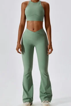 Clearance Dear-Lover Active Push up Bra and Arched Flare Pants Workout Set Grass Green