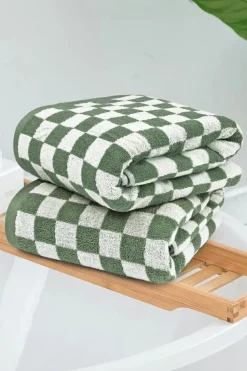 Discount Dear-Lover Checkered Print Soft Large Bath Towel Grass Green
