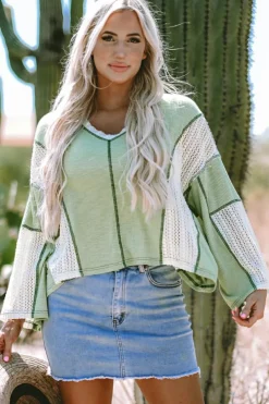 New Dear-Lover Crochet Detail Exposed Seam High Low Loose Top Grass Green