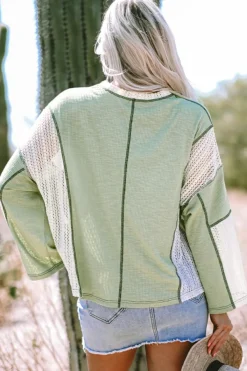 New Dear-Lover Crochet Detail Exposed Seam High Low Loose Top Grass Green