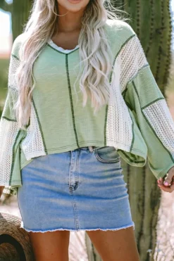 New Dear-Lover Crochet Detail Exposed Seam High Low Loose Top Grass Green