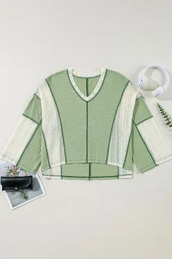 New Dear-Lover Crochet Detail Exposed Seam High Low Loose Top Grass Green