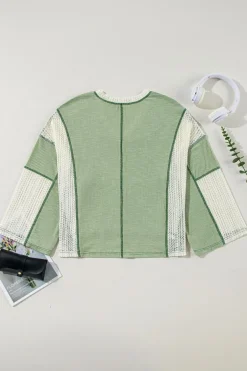 New Dear-Lover Crochet Detail Exposed Seam High Low Loose Top Grass Green