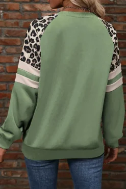 Fashion Dear-Lover Leopard Print Colorblock Raglan Sleeve Sweatshirt Grass Green