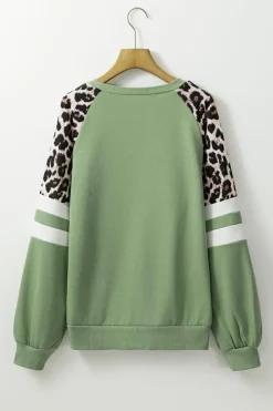 Fashion Dear-Lover Leopard Print Colorblock Raglan Sleeve Sweatshirt Grass Green