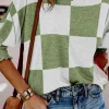 Discount Dear-Lover Mix Checkered Print Shirred Cuffs Blouse Grass Green