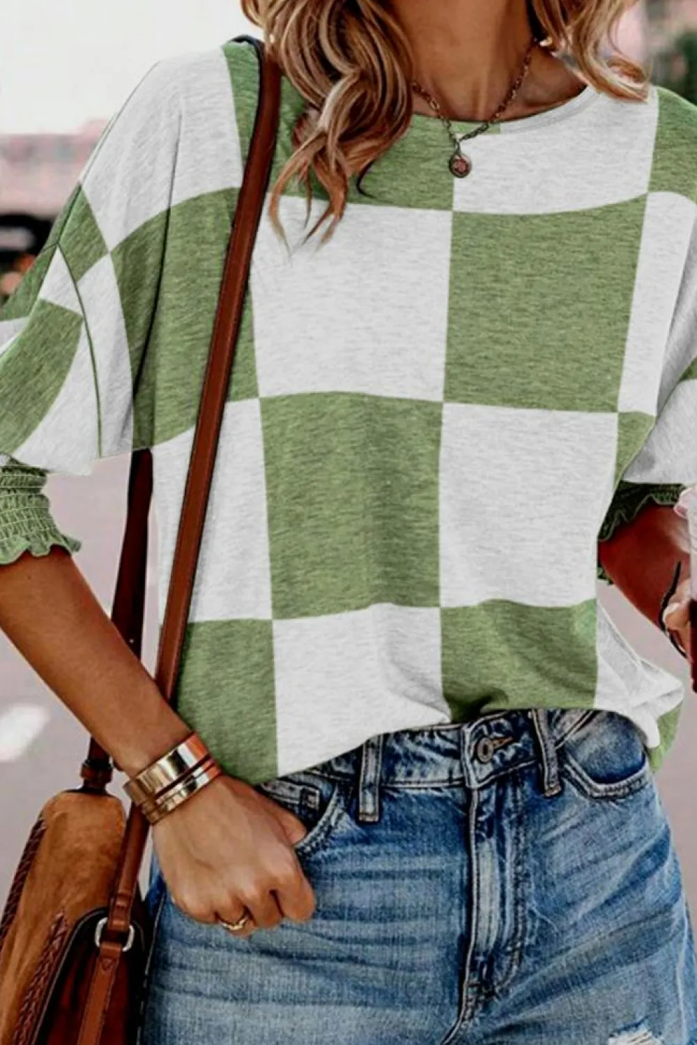 Discount Dear-Lover Mix Checkered Print Shirred Cuffs Blouse Grass Green