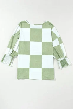 Discount Dear-Lover Mix Checkered Print Shirred Cuffs Blouse Grass Green