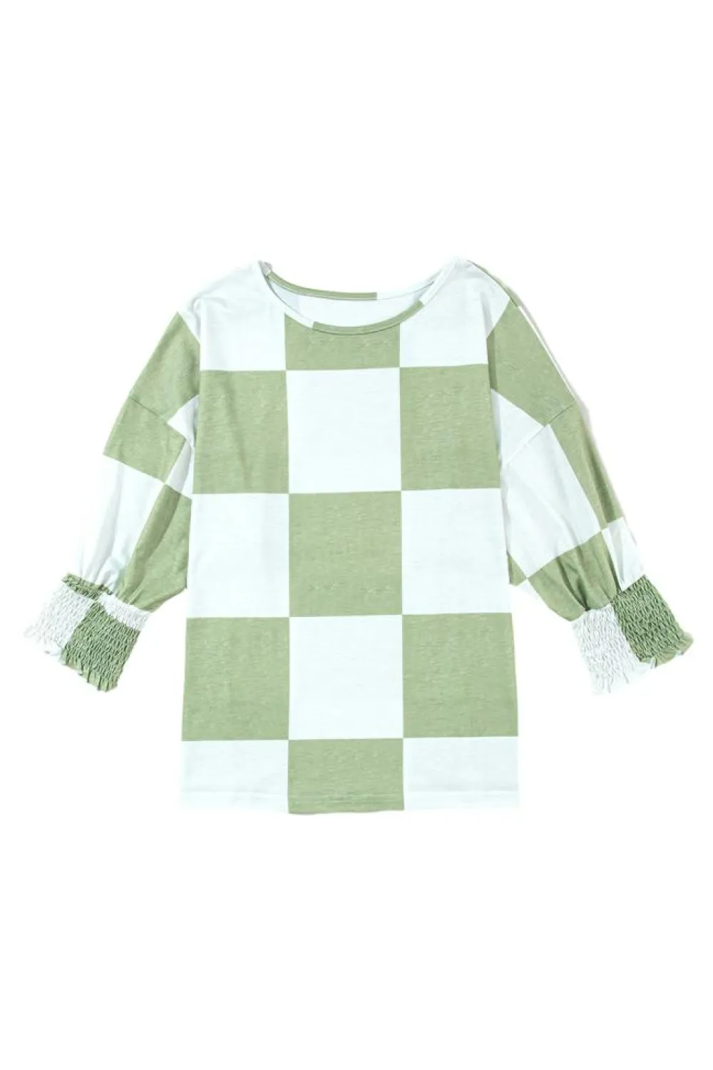 Discount Dear-Lover Mix Checkered Print Shirred Cuffs Blouse Grass Green
